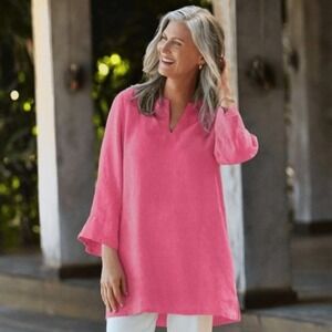 Lands' End Women's Pink Linen Viscose 3/4 Sleeve Tunic Top Size L Breathable EUC
